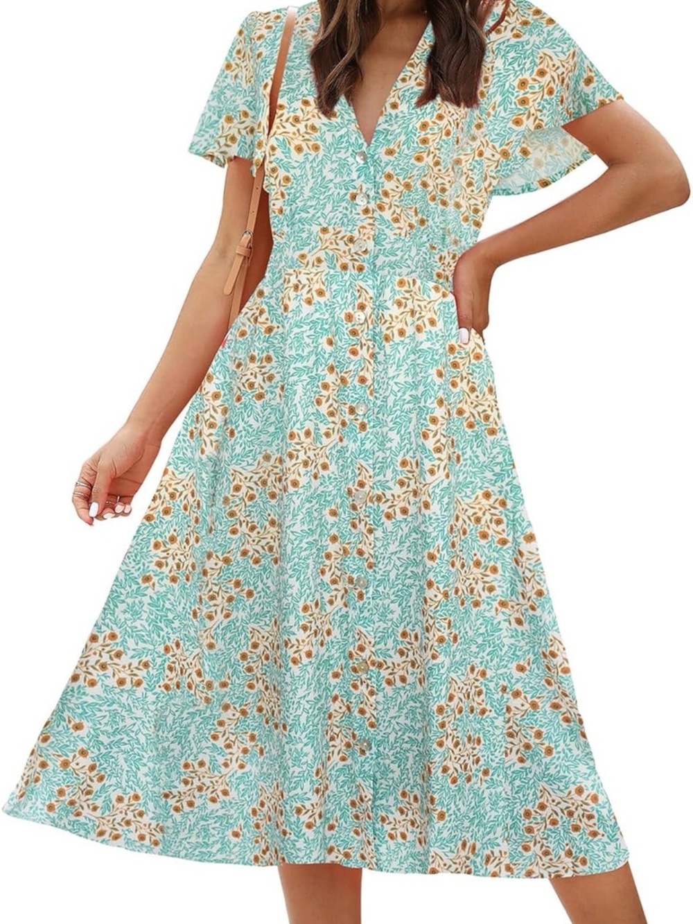 Amazon Aqua and Tan Floral V-Neck Midi Dress